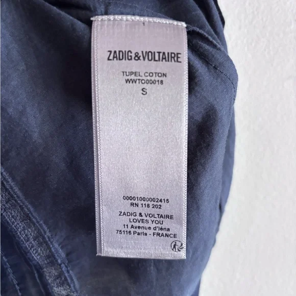 Zadig & Voltaire Tupel Embroidered Pleated Puff Sleeve top, small, navy blue. - Picture 3 of 7